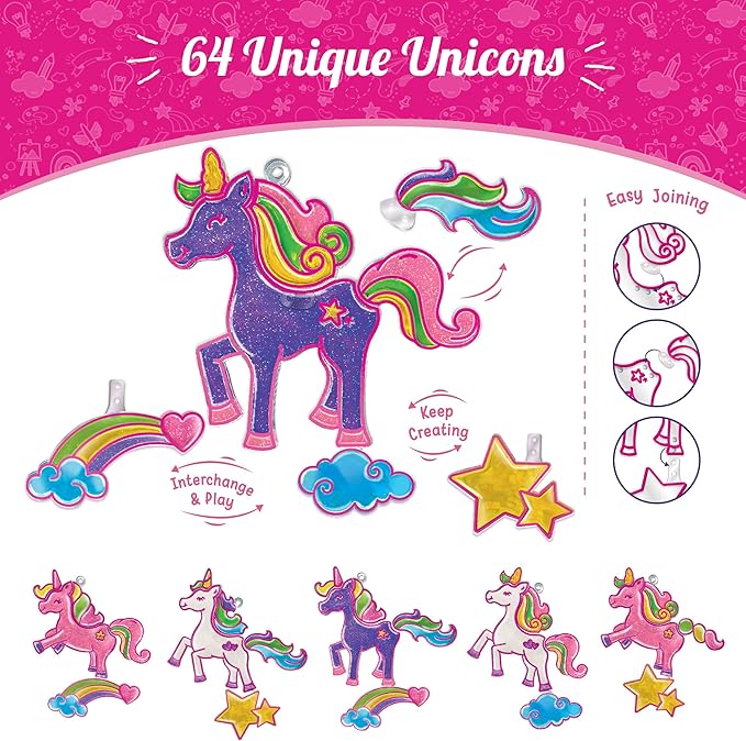 Imagimake Window Art Unicorn | Low Mess Suncatcher Kit | 16 Pieces Glass Painting Set | Kids Activities Ages 5-8 | DIY Craft Kit | Birthday Gift for Girls Ages 5,6,7,8,9,10,12 Years Old