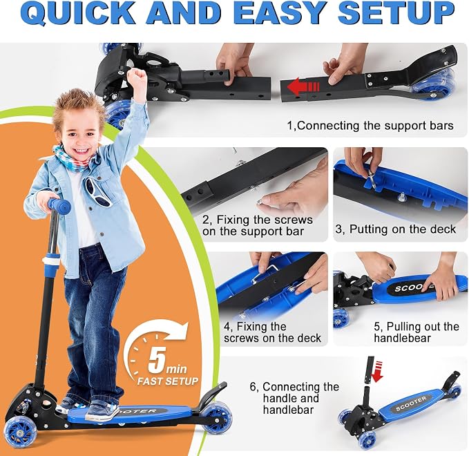 Scooter for Kids 3-5 5-7,Light up 3 Wheels Kick Scooter,Heavy Duty Folding Lean-to-Steer Scooters with 3 Adjustable Handlebar for Boys Girls,Widen Anti-Slip Deck,Rear Break,Holds up to 150Lbs