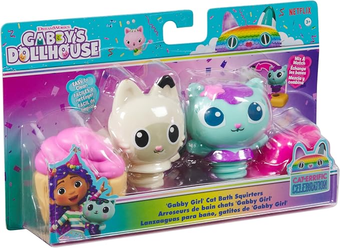Gabby’s Dollhouse: Gabby Cat Bath Squirters, Mercat & Pandy Paws Floating Toddler Bath Toys for Girls & Boys Ages 3 and up