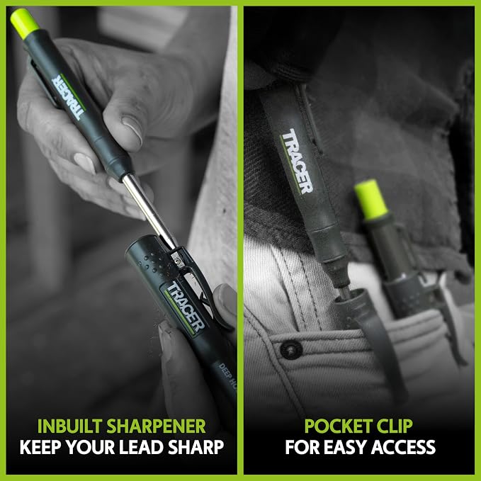 Tracer Deep Hole Construction Pencil Site Holster. Extendable 2B Carpenter Pencil with Inbuilt Carpenter Pencil Sharpener