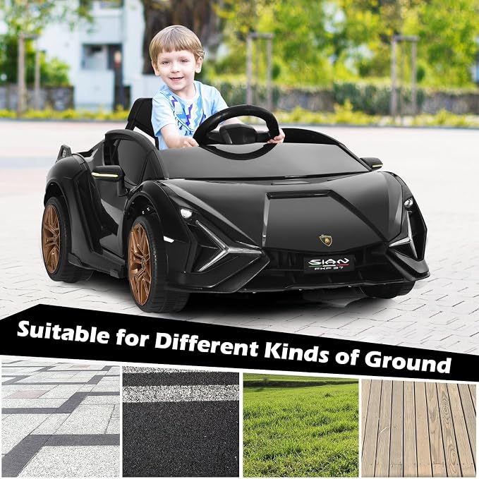 INFANS 12V Licensed Lamborghini Sian Kids Ride On Car with Parent Remote Control, Spring Suspension, MP3 Player, Electric Toy Roadster Carbon Fiber Textured for Toddler (Black Golden)