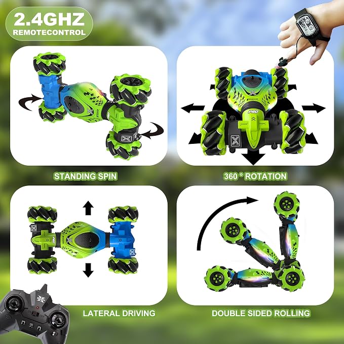Gesture RC Car Green, 1:24 4WD Transform Off-Road Stunt Car with Gesture & Remote Control, 360° Flips Drift Vehicle with LED Lights Music, All Terrain Toy Cars Gifts for Boys Girls Age 6-12
