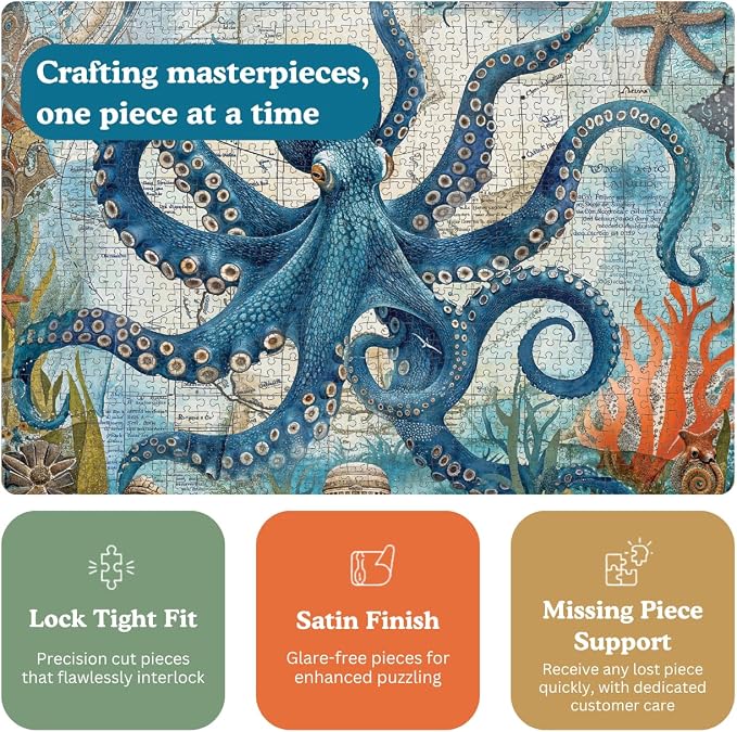 Cross & Glory | 1000 Piece Jigsaw Puzzles for Adults | Neptune’s Navigator: The Octopus Voyage | Ancient Map Octopus Puzzle 1000 Pieces | Satin Finish Ocean Puzzle | Ages 14+