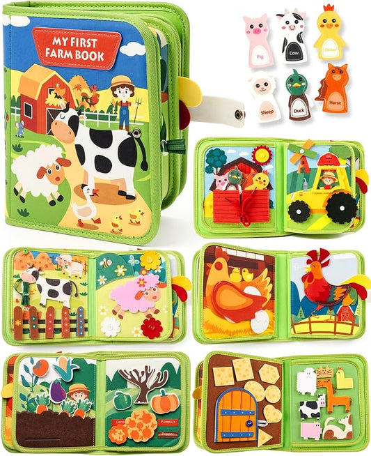 Montessori Busy Book for Toddlers, 8-Page Sensory Activity Book for Fine Motor Skills & Basic Dress Learning, Portable Travel Toy for Preschool Kids, Birthday Gift for Boys and Girls (Farm)