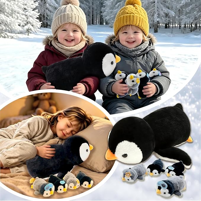 Penguin Stuffed Animal，Cute Penguin Mommy Stuffed Animal with 4 Baby Penguin Plushies in Tummy，Kawaii Penguin Plush Toy Gift for Kids Girls Boys