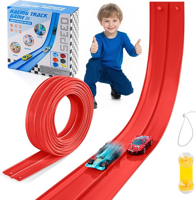 Flexible Race Track for Kids - 15 Ft Flex Track Race Car Tracks with Car Ramp Toy, Fit for Monster Truck Track & Kids' Play Cars, Race Tracks for Toddlers 1-3, Portable Racetrack (Red)