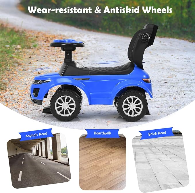 Costzon 3 in 1 Ride on Push Car, Stroller Sliding Walking Car with Horn, Music, Light, Under Seat Storage, Parental Handle, Armrest Guardrails, Ride on Toy for Boys & Girls (Blue)