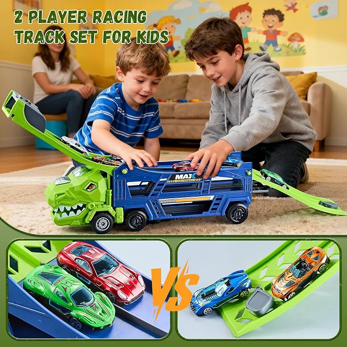Dinosaur Truck Toys for Kids 3-5 - Transporter Carrier Truck with 6 Die-Cast Cars Toys, 3 in 1 Truck with 2 Foldable Race Tracks, Christmas Birthday Gifts Toys for 3 4 5 6 Years Old Boys(Jungle Blue)