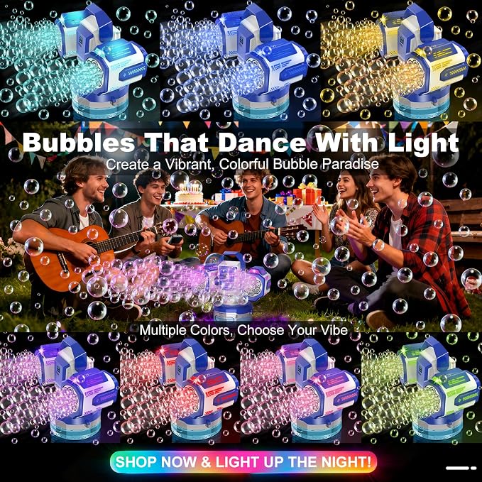 Rechargeable Bubble Machine with Remote Control: 30,000 Bubbles/Min, Type-C, Auto 360° Rotation Bubble Blower with RGB Lights - Creates Magic for Kids Parties, Birthday, Weddings, Outdoor Events