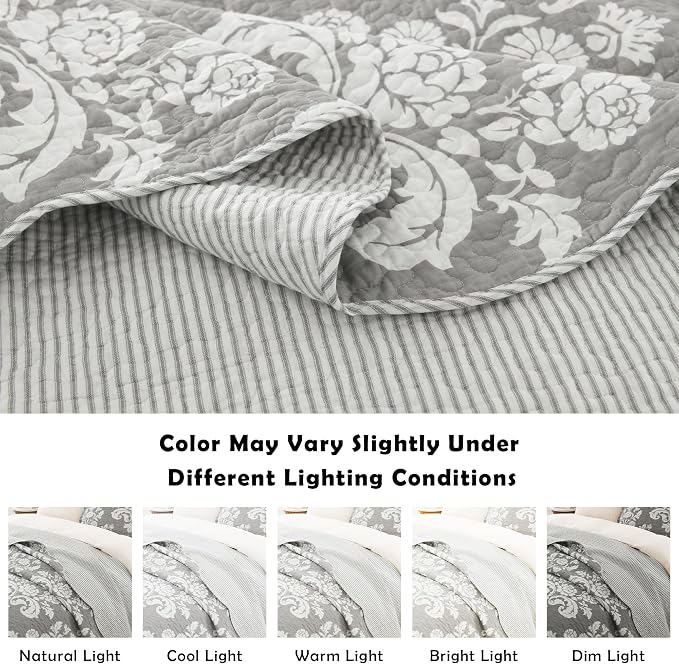 King Size Quilt Set - 100% Cotton Grey Quilt Set, Gray Floral Pattern Farmhouse Bedspread Set, King Lightweight Reversible King Quilt Bedding Set for All Season,Gray Grey White, 3-Piece