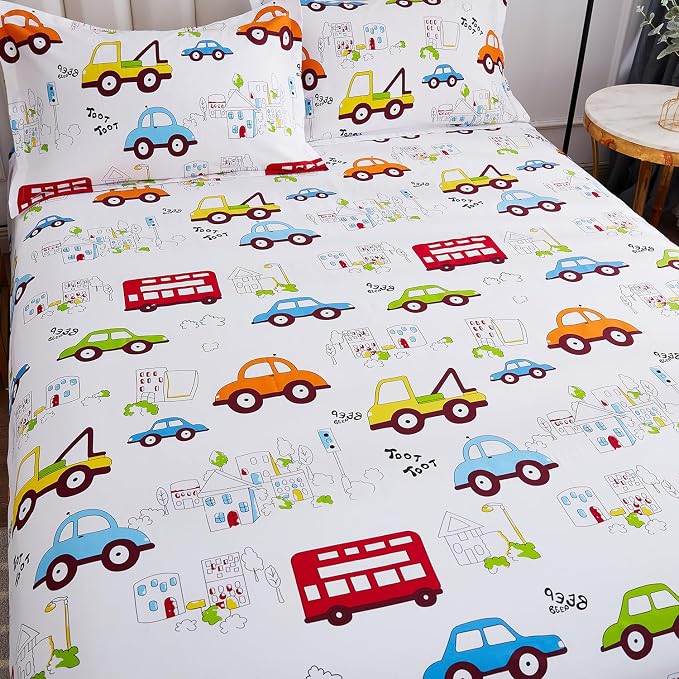 Brandream Kids Boys Sheets Queen Size Construction Cars Trucks Cotton Bed Sheets 4 Piece Set