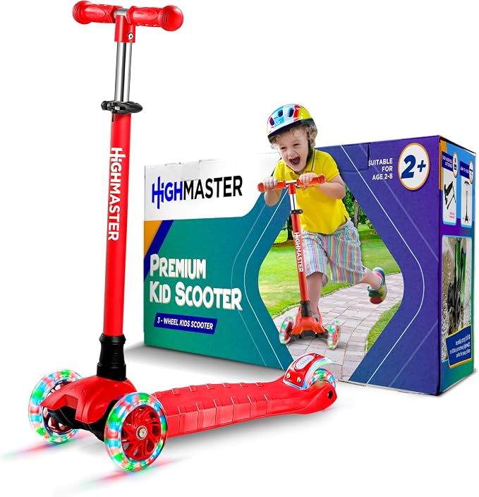 HighMaster Kids Scooter – 3 Wheel Kick Scooter for Children and Toddlers – Adjustable Handlebar with LED Wheel Lights – Indoor and Outdoor Fun