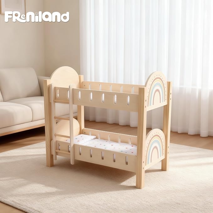 Freniland Wooden Doll Bunk Bed with Ladder & Bedding – Two-Level Doll Bed Includes 2 Mattresses & 2 Pillows, Pretend Play Furniture for 18 Inch Dolls