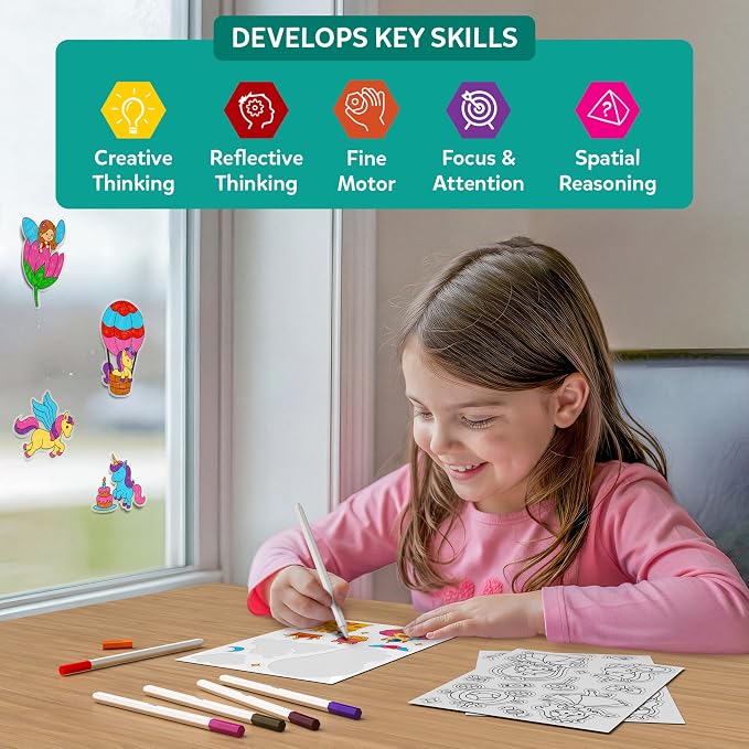 Skillmatics Cling Art – Color Clingz Unicorns & Princesses, 50+ Reusable Static Stickers, Mess-Free Fun for Kids, DIY Craft Kits & Supplies, Travel Toys, Creative Gifts for Kids Ages 3, 4, 5, 6, 7