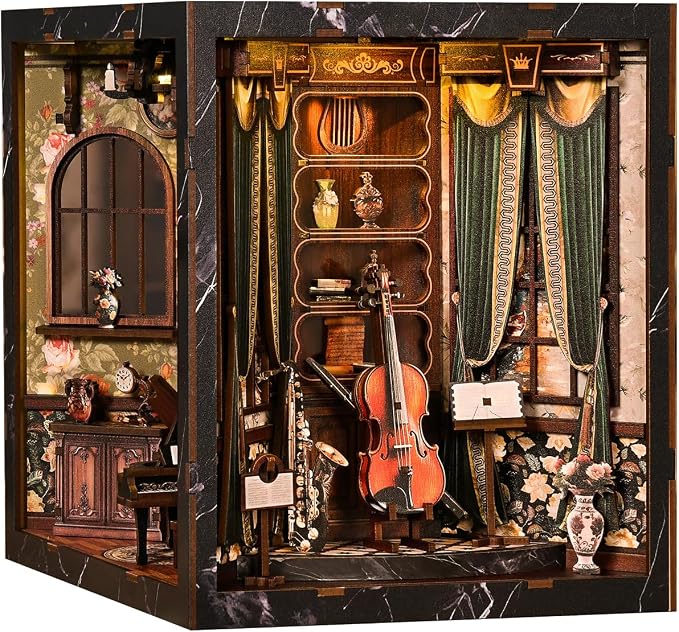 DIY Miniature House Kit, Book Nook Kit, A Scene on Every Side, 3D Wooden Puzzles Bookshelf Craft Kits, Dollhouse Kit with LED Light, Mini Building Kit for Adults Teen (European Melody Instrument Box)