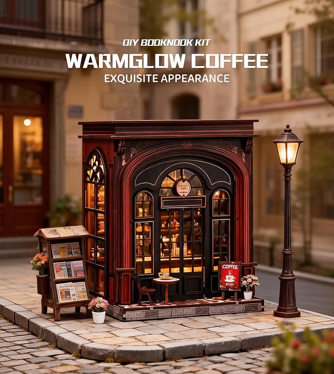 Roroom Book Nook Kit for Adults, Vintage Coffeehouse House Building Kit | 3D Wooden Puzzles with LED, Bookshelf, Desk and Bedside Room Decor, Relaxing Craft Project, Creative Gift