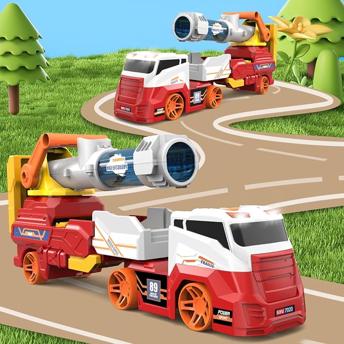 Dwi Dowellin Truck Toys for Kids, 28" Large Car Toys Include 4 Racing Cars+6 Ball, with Light & Sounds, Eejection&Shooting Transport Cars Toys Vehicle, Gifts for Boys Girls-RED