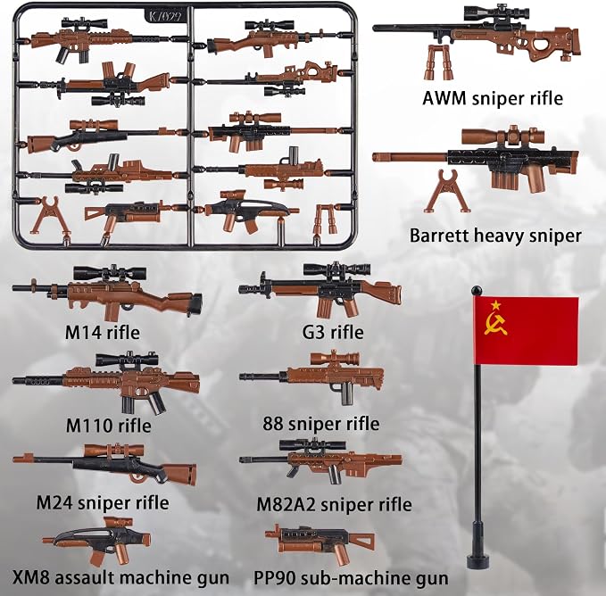 44 Pcs Weapons Pack Military 4 Countries Weapons Accessories Toys Military Equipment Battle Blocks Bricks Compatible with Major Brand, 3 Years Old and up