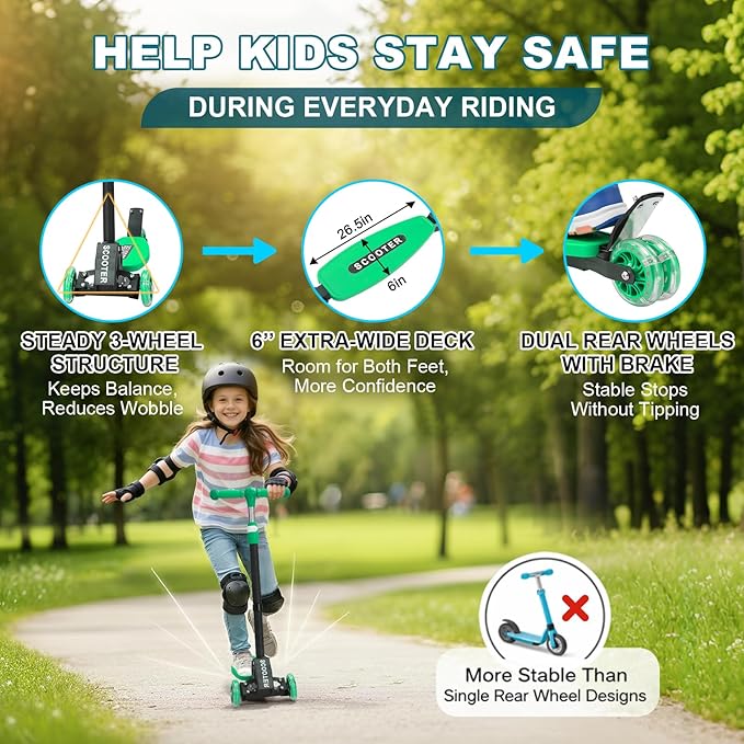 3 Wheel Kids Kick Scooter for Ages 3-12, Lean-to-Steer, Light-Up Wheels, 3-Level Adjustable Handlebar 27.5”-33”, Wide Non-Slip Deck, Dual Rear Brake,Travel Foldable, for Boys & Girls Toy Gifts
