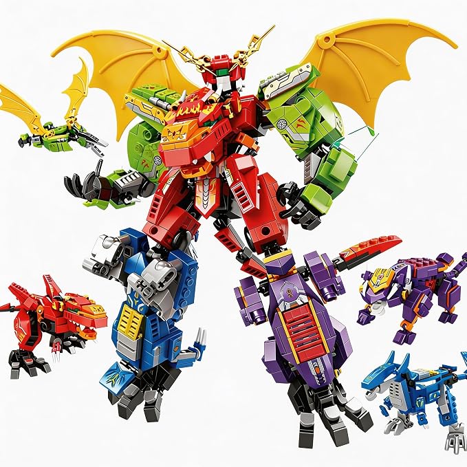 4-in-1 Dinosaur Mecha Robot Building Block Set, 4 Animal Shapes Transformable Mech, Cool Creative Robot Toy Gift, Suitable for Boys & Kids Over 6 Years Old(904 PCS)