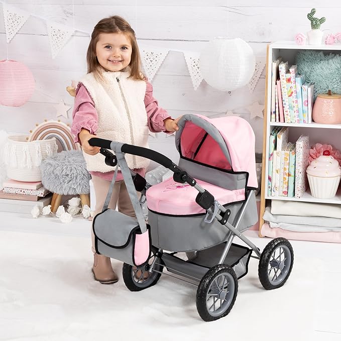 Bayer Design Baby Doll Stroller & Doll Pram for Kids Ages 2-8, Adjustable Handle, Grey/Pink