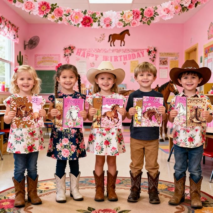 BenLouis 12 Horse Floral Mini Coloring Books Kids with 12 Stacking Crayons Cowgirl Party Favors Small Activity Books Bulk for Kids Girls Horse Racing Flower Party Gift Goodie Bag Stuffers