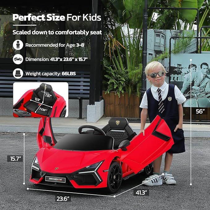 ELEMARA Kids Lamborghini Electric Cars with Scissor Doors, Remote Control Battery Kids Car, 12V Ride On Car for Toddlers with LED Light,Bluetooth,MP3 Player and Wide Seat, Deep Red