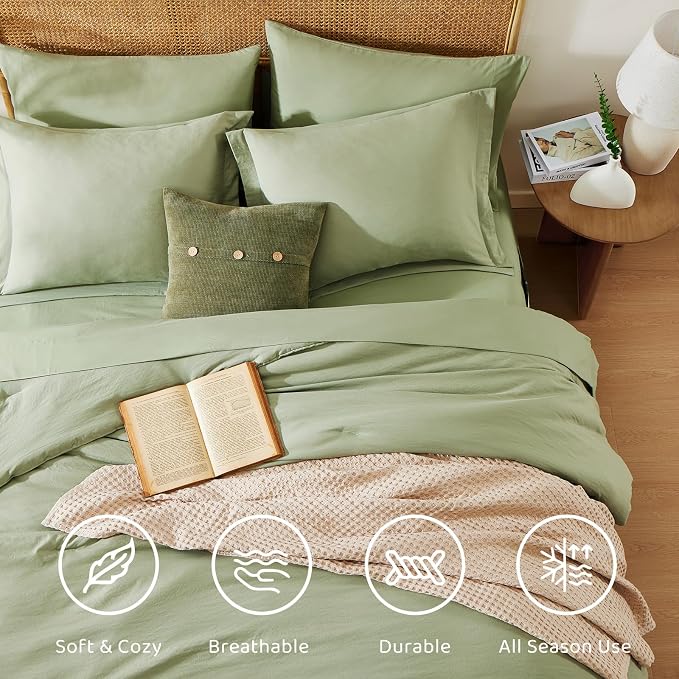 WRENSONGE Twin/Twin XL Comforter Set- 5 Pieces Sage Green Bed in a Bag, All Season Twin Bedding Sets with 1 Fitted Sheet, 1 Flat Sheet, 1 Pillow Sham and 1 Pillowcase