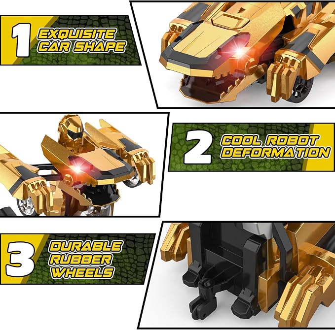 Kroyedfuw Dinosaur Transform Rc Cars, 2.4Ghz Remote Control Car Transforming Robot with Flashing Light, 360° Rotation One Button Deformation Car Toy Gifts for Boys Age 4-7 8-12