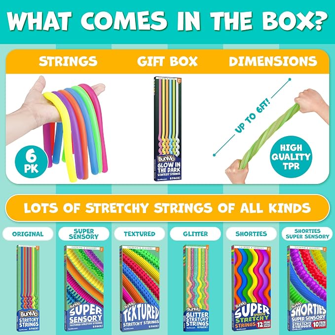 BUNMO Sensory Toys Stretchy Strings for Toddlers 3+ - Stimulating & Addictive Fidget Toys for Kids - Hours of Fun for Kids - Non-Mouthable Toy 3+ - Glow 6 Pack