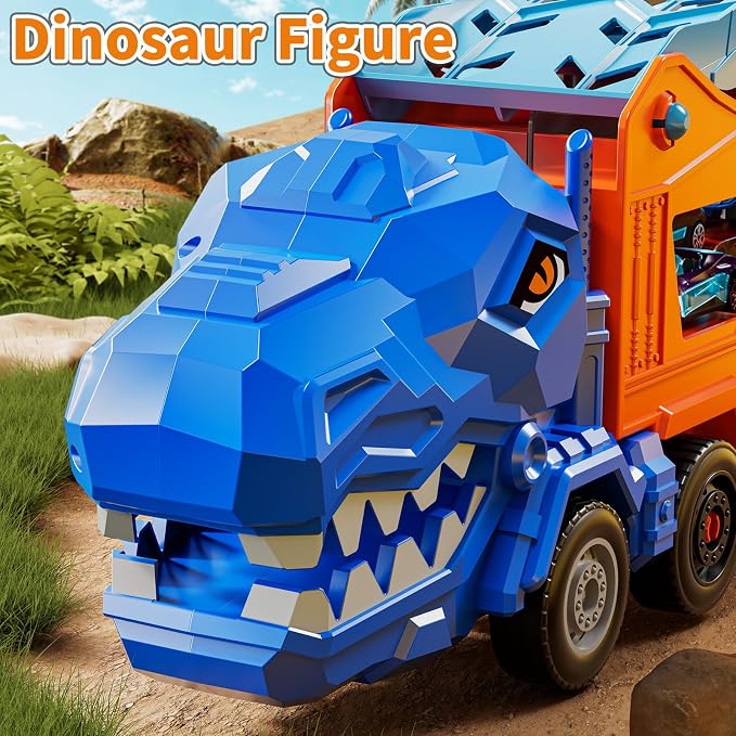 Race Track Truck Toys for 3 4 5 6 7 8 Years Old Boys, 2-Tier Storage Carrier Vehicle Playset with 12 Die-Cast Racing Car Toys, Car Ramps, Birthday Gifts for Toddlers Kids Girls Age 3-5 4-8
