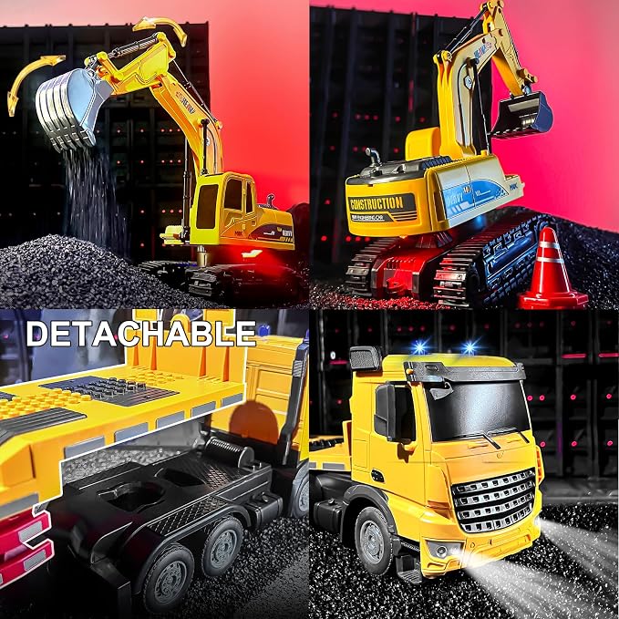 RC Semi Truck and Trailer & Excavator Toy Set - 11CH 24.6" Dual Control Mode Remote Control Engineering Vehicle with Sound & Lights, 2.4Ghz Flatbed Truck with Excavator Toys, Great Gift for Kids Boys
