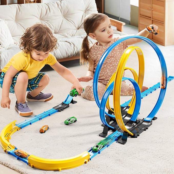 MSKOLER Car Race Track Sets for Kids 3 4 5 6 7 8 9 Years Old - Toy Car Track Set for Boys 3-5 6-8 8-12, Racing Game with 4 Small Cars, Boys Toy, Gifts for Girls 3-8