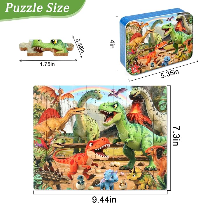 MZZOTOY Cartoon Dinosaur Puzzle for Kids Ages 4-8, 60 Pieces Jigsaw Puzzles for Kids Ages 3-5， Learning Educational Puzzles Toys Great Gift for Boys Girls in a Metal Box