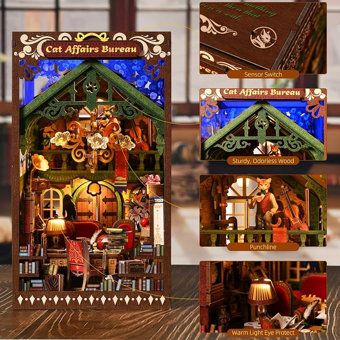 Book Nook DIY Kit for Adults Wooden 3D Puzzle Story 3D Bookend Bookshelf Decoration Miniature Doll House Interior Goods Gift,Cat Affairs Bureau