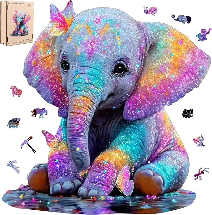 MEATRN Wooden Jigsaw Puzzle - Colorful Baby Elephant with Butterflies, 491 Pcs, 16.3x16.7 in, Animal Puzzles for Adults & Kids, Educational Brain Teaser Gift and Home Art Décor
