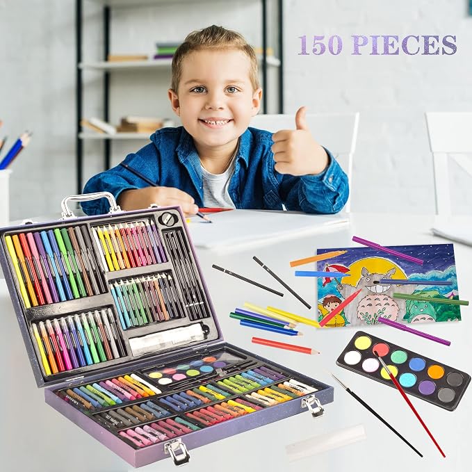KINSPORY 150PC Art Set with Sketch Book, Coloring Art Kit Drawing Art Supplies Case, Markers Crayon Colour Pencils for Budding Artists Kids Teens Boys (Blue)