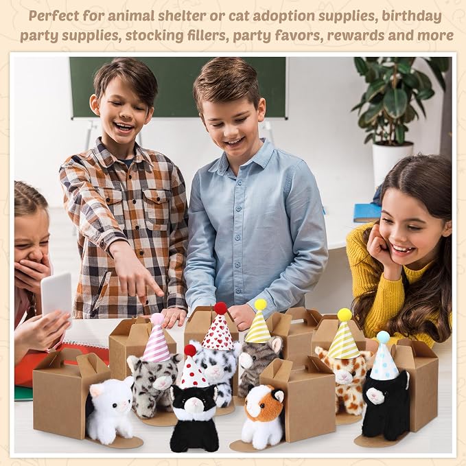 10 Set Kittens Stuffed Animals Bulk with 10 Birthday Hats 10 Kraft Paper Boxes Mini Plush Toys Small Stuffed Cat Pet Gifts for Kids, School Birthday Animal Decor(Sitting Style)