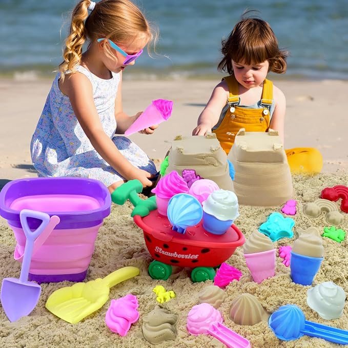 Collapsible Beach Toys Set for Kids 3-5|22 PCS Ice Cream Sand Toys with Collapsible Beach Bucket|Unicorn Sand Mold|Strawberry Ice Cream Cart|Mesh Bag|Sand Sandbox|Trave Beach Toys for Toddlers Girls