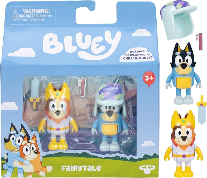 Bluey Fairytale Action Figure Set of 2, Articulated Character Toys with Superhero Chilli and Retro Hat Bandit, Small Action Figures for Kids Ages 3+