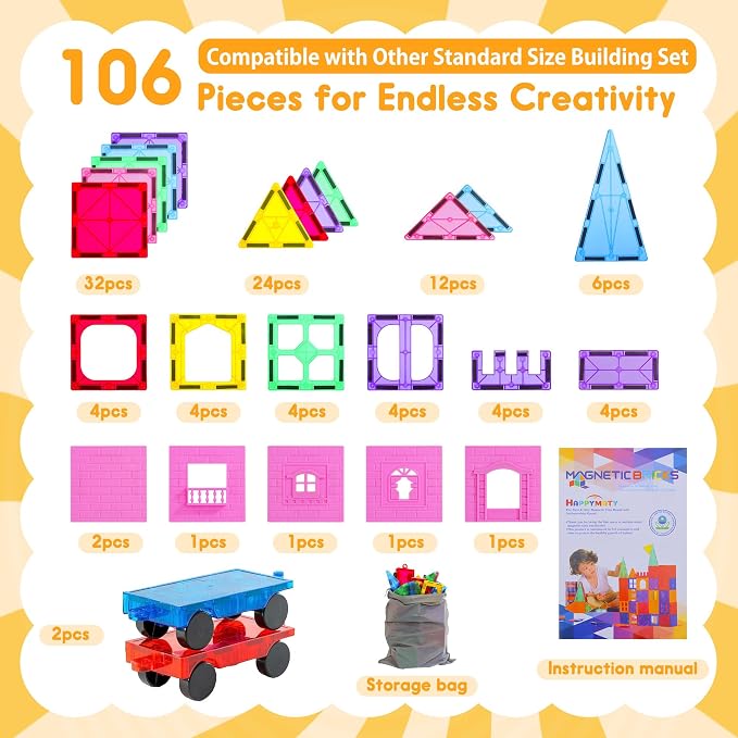 Upgraded Antibacterial Magnetic Tiles - 106 PCS Magnet Building Tiles with 2 Cars for Kids Aged 3+, Inhibits Bacterial Growth for Safer Play, 3D STEM Educational Construction Blocks Toy