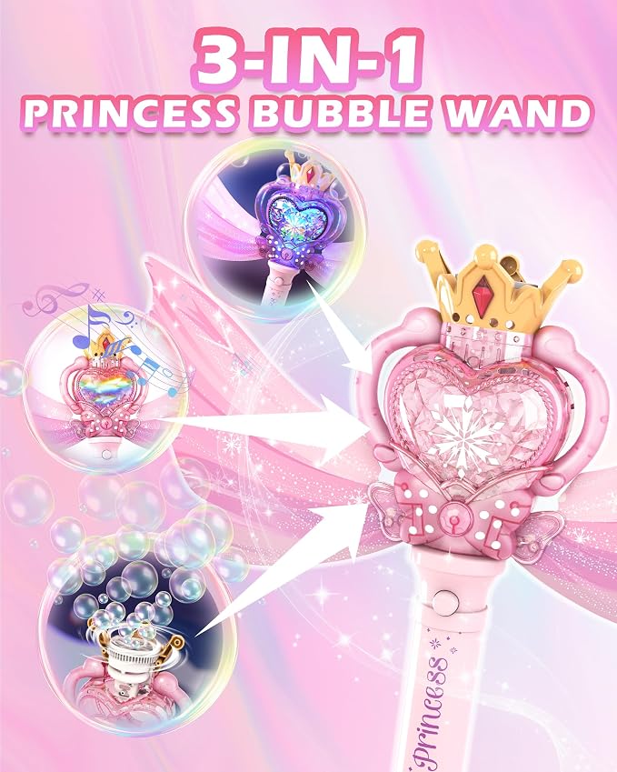 Princess Bubble Wand for Girls, Light Up Musical Fairy Toy with Detachable Wings, Music, Outdoor Birthday Gift for Kids Ages 3-8