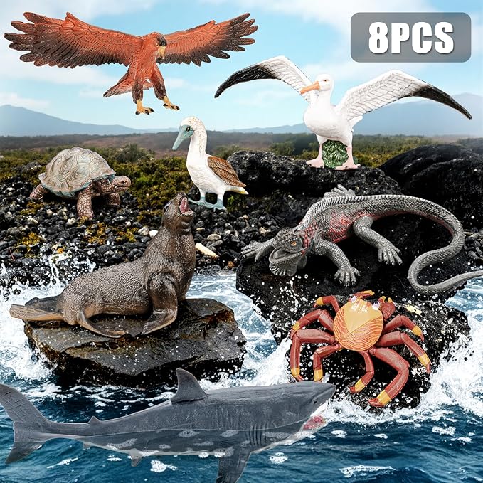 8PCS Large Galapagos Animal Toys, 4-8'' Realistic Sea Animal Figurines Set Includes Shark, Giant Tortoise, Hawk, Crab, Sea Lion, Blue-Footed Booby, Educational Learning Toys for Toddlers Kid