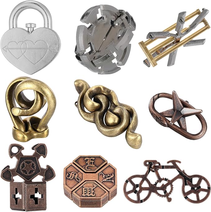 Wettarn 9 Pcs Metal Brain Teaser Puzzles 3D Steel Puzzle Set for Adults IQ Logic Challenge Disentanglement Unlock Interlocking Games Smart Logic Test Toys for Adults Mind Challenge(Fresh Style)