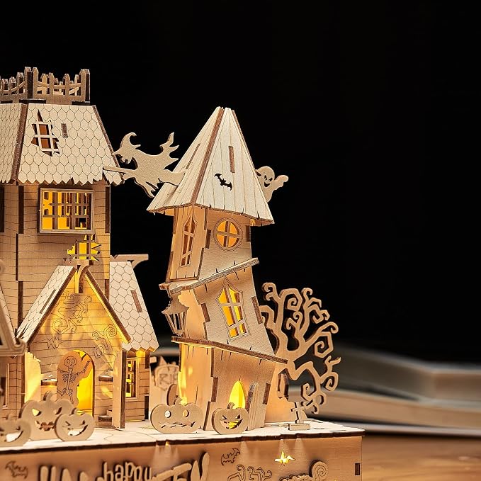 3D Wooden Puzzles Halloween House Kits Includes Light Strip, Brainteaser and Puzzle for Halloween/Birthday,Gifts for Adults and Teens to Build Combination