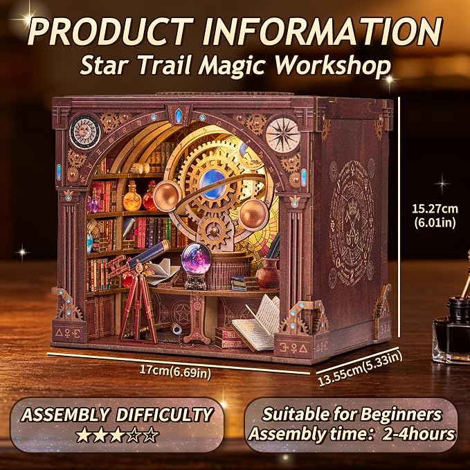 DIY Miniature Dollhouse Kit,3D Wooden Puzzles for Adults to Build, Birthday/Christmas Day Gift for Astronomy & Steampunk Lovers,Mini Zodiac Library with LED Lights,Star Trail Magic Workshop