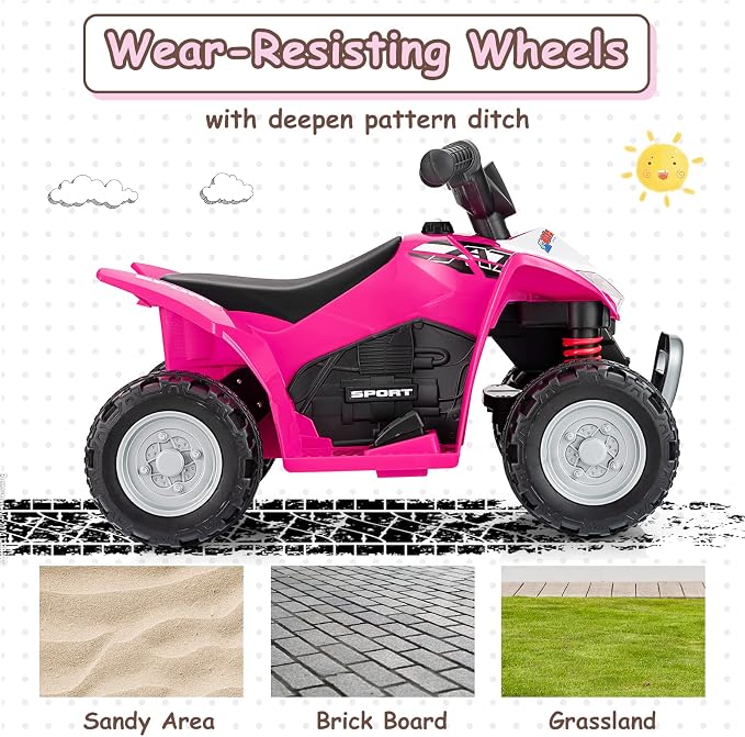 OLAKIDS Kids Ride On ATV, 6V Electric Vehicle for Toddlers, 4 Wheeler Battery Powered Motorized Quad Toy Car for Boys Girls with LED Lights, Horn (Coral)