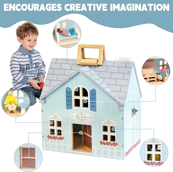 WOODMAM Foldable Wooden Dollhouse with 2 Dolls & Pet Set, 20PCS Furniture Wooden Doll House for Girls Age 3-6, Portable Pretend Play Toy, Christmas Birthday Gift for Toddlers