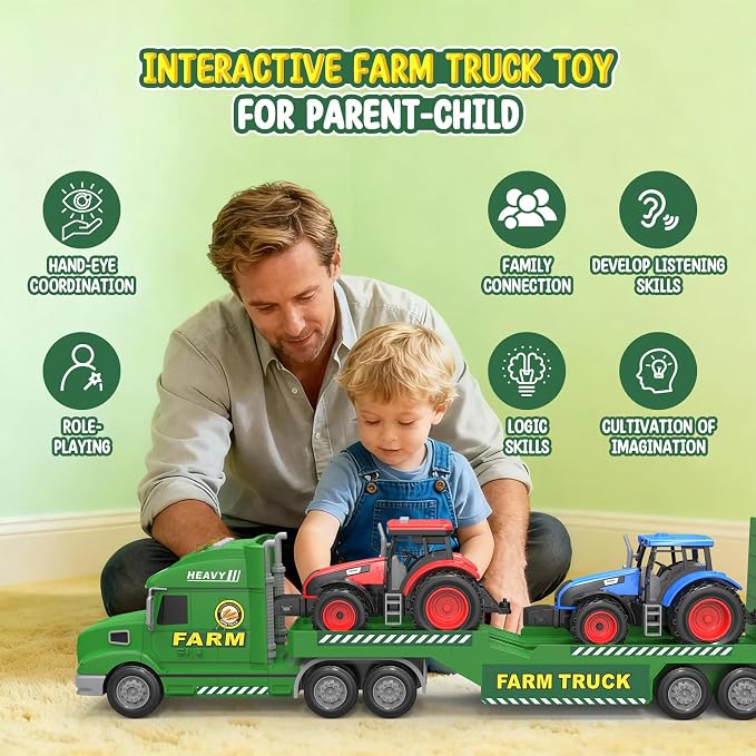 Toddler Toys for 3 4 5 6 Year Old Boys - 27" Large Semi Farm Truck Toy with 2 Tractors, 3-in-1 Friction Powered Transport Vehicle with Lights Sounds, Christmas Birthday Gifts for Boys Kids Age 3 4 5 6
