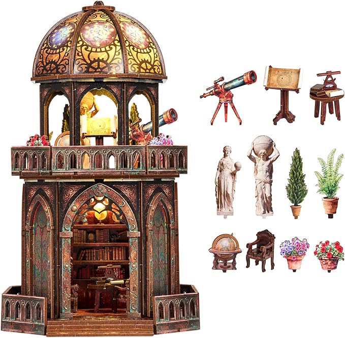 DIY Miniature House Kit,Steampunk Observatory for Adults to Build, Birthday/Christmas Day Gift for Family and Friends, 3D Wooden Dollhouse with LED Lights,Observatory